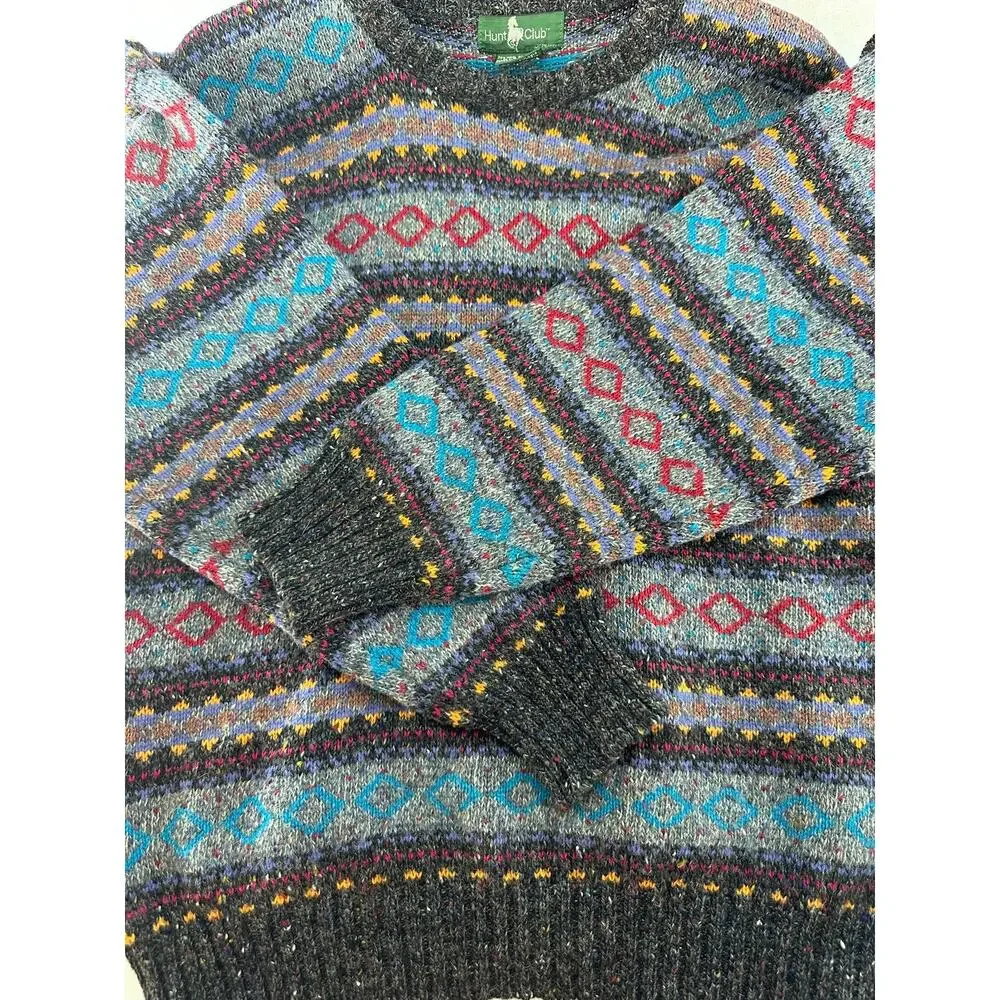 VTG Hunt Club Mens sz L Wool Knit Sweater Blue Gray Red Stripes Grandpa Academia - Picture 8 of 8